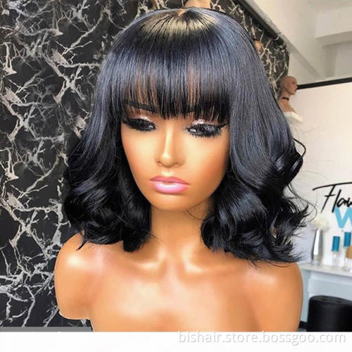 Wholesale Natural Color Full Machine Made Wigs With Bangs Short Bob With Remy Brazilian Human Hair Wigs For Women Body Wave